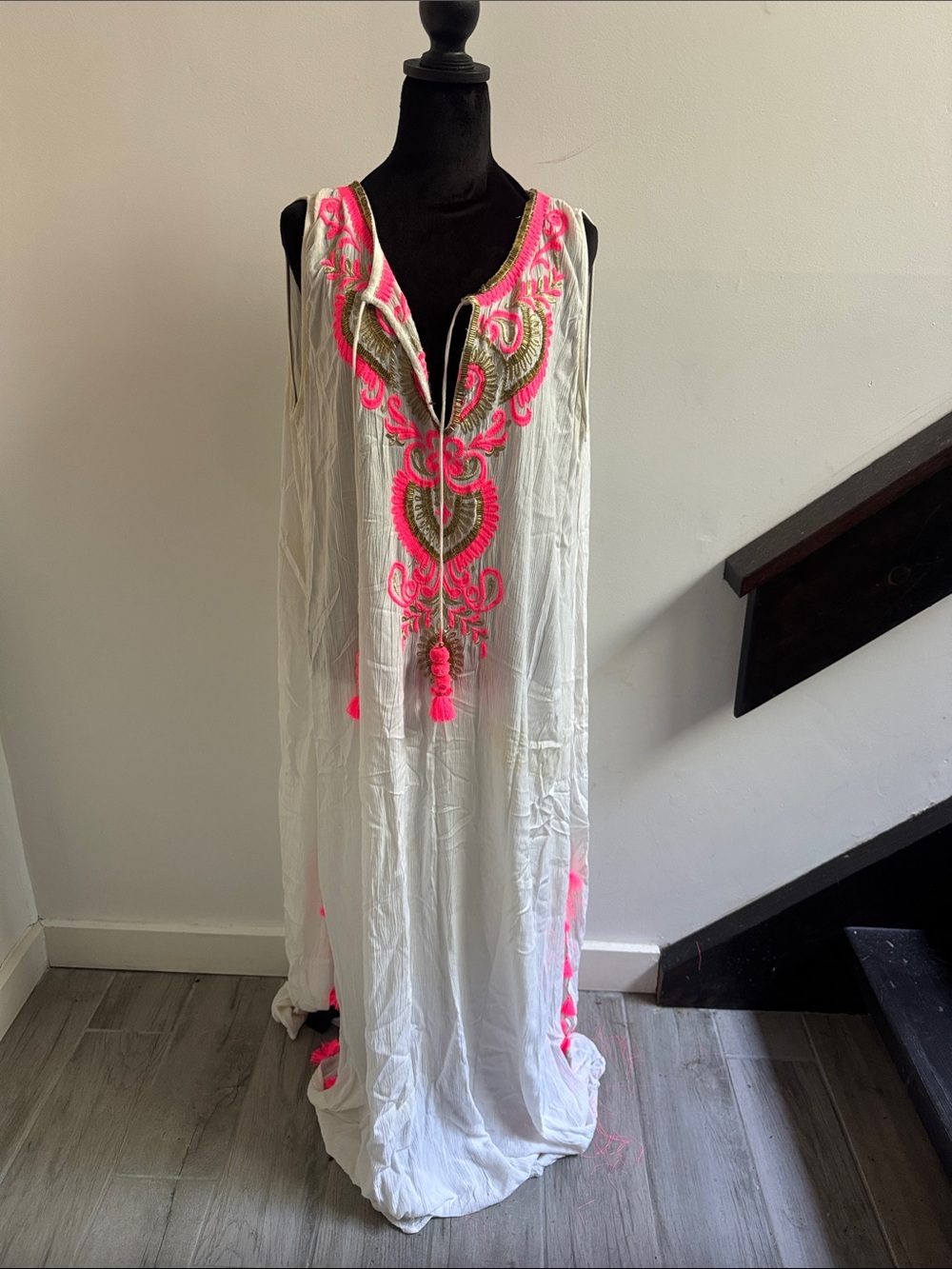 Lilly Pulitzer White Maxi Dress with Neon Pink Embroidery